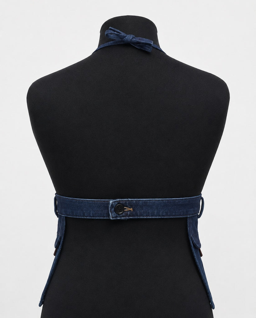 CR1821 UPCYCLED UTILITY HALTER DENIM TOP