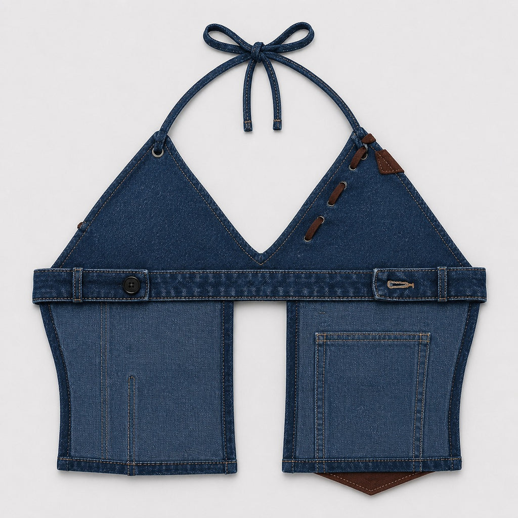 CR1821 UPCYCLED UTILITY HALTER DENIM TOP