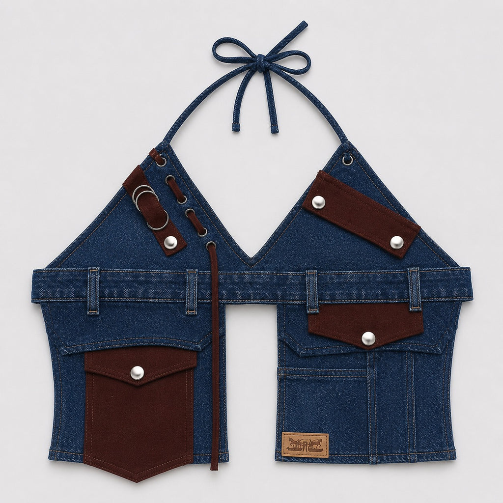 CR1821 UPCYCLED UTILITY HALTER DENIM TOP