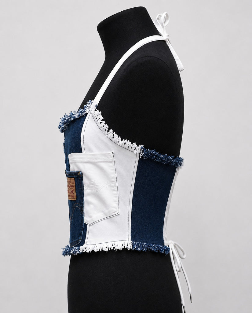 CR1822 UPCYCLED PATCHWORK HALTER CORSET TOP