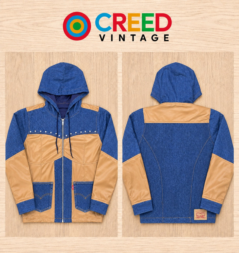 CR2199 UPCYCLED LEVI’S DENIM & FAUX LEATHER HOODED JACKET