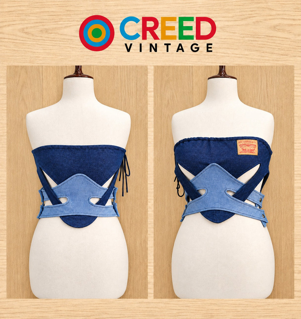 CR2287 UPCYCLED TWO-TONE DENIM WRAP CORSET TOP