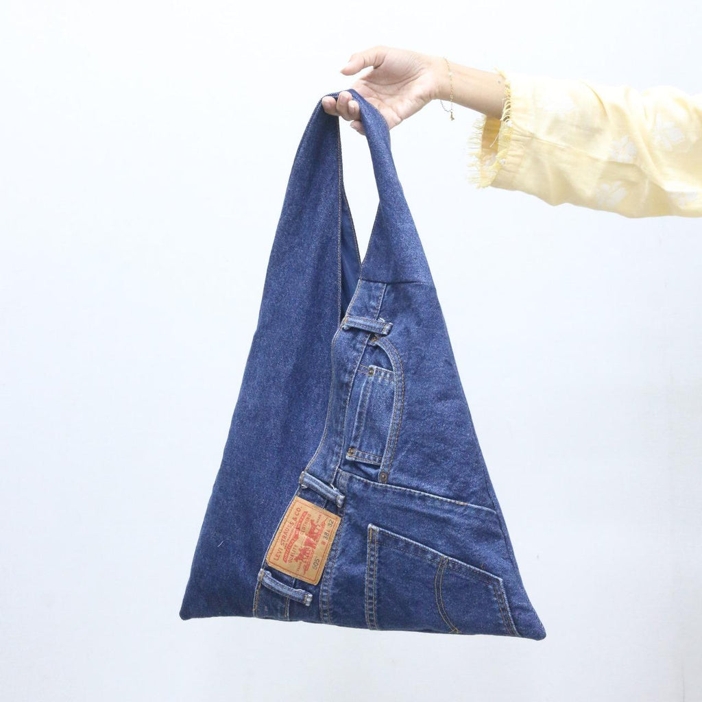 CR1031 Rework Denim Triangle Tote Bag – Upcycled Jeans Carry Bag