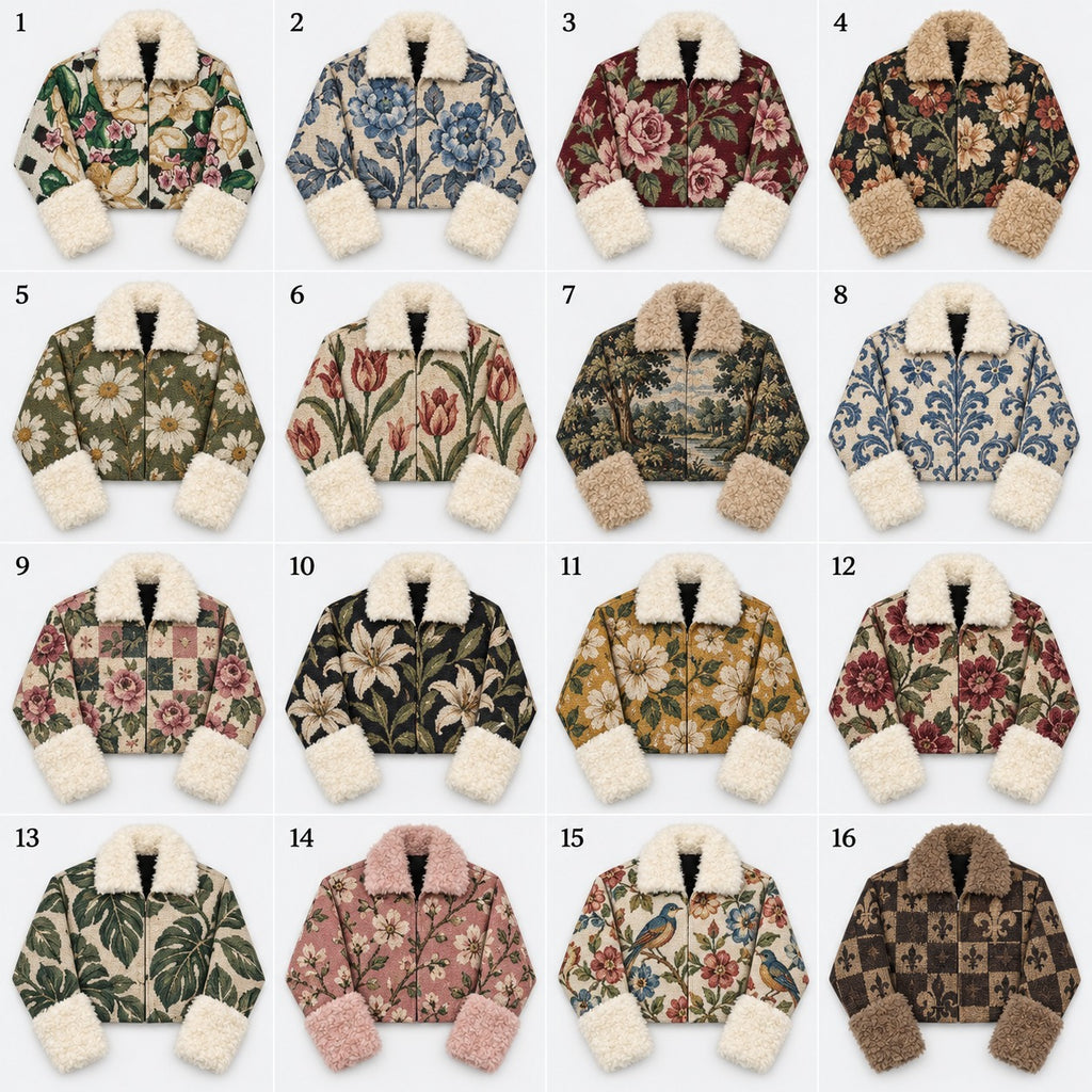 CR2290 UPCYCLED TAPESTRY & SHERPA CROP JACKET