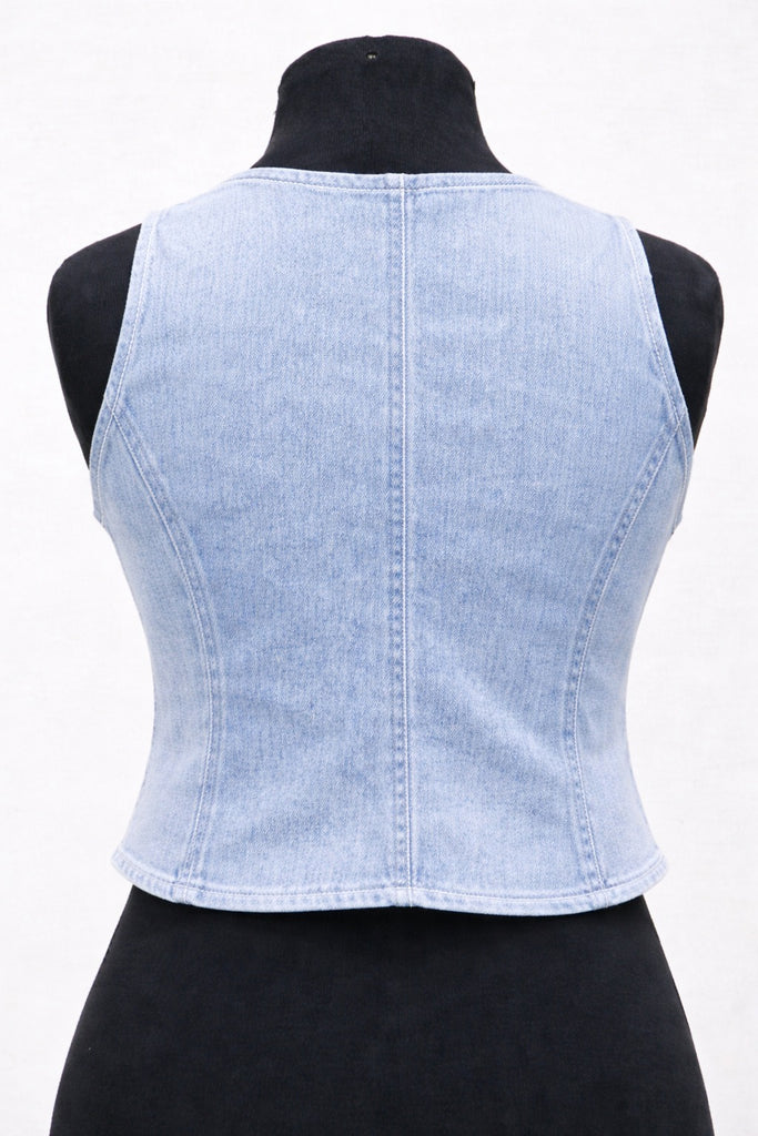 CR17 Women’s Denim Crop Vest – Button Front Sleeveless Waistcoat (Light & Dark Wash)
