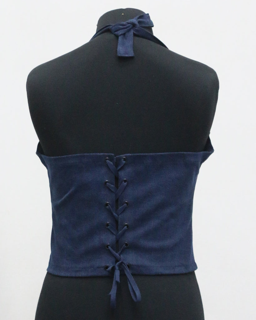 CR1354 Rework Halter Denim Corset Top – Two Tone Utility Crop