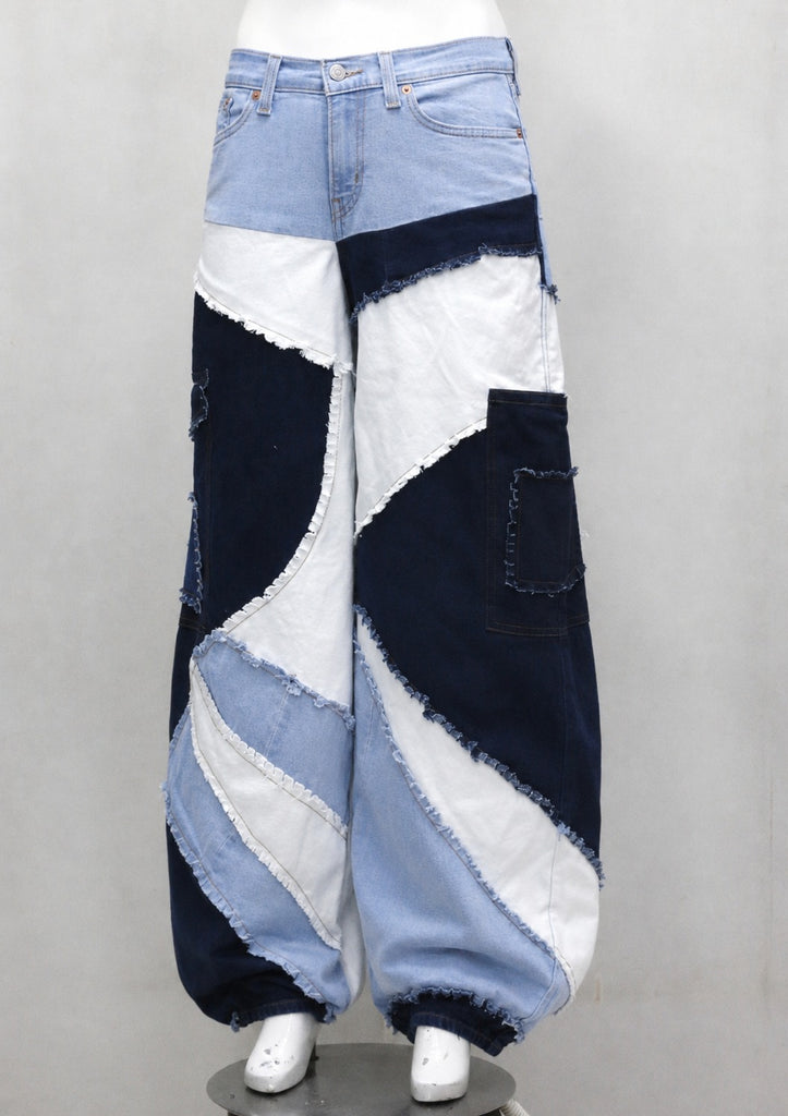 CR2205 UPCYCLED ABSTRACT PATCHWORK BAGGY DENIM JEANS
