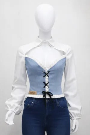 CR1288 Upcycle Denim Corset Collar Top