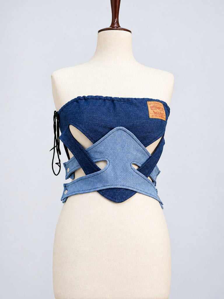 CR2287 UPCYCLED TWO-TONE DENIM WRAP CORSET TOP