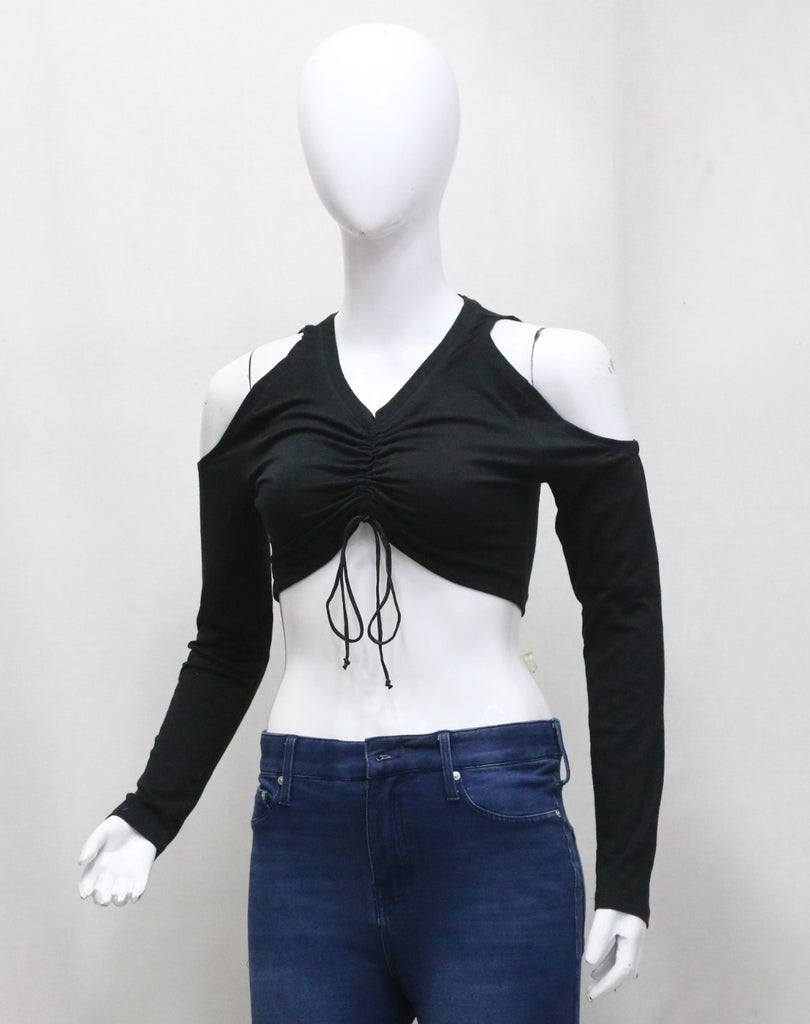 CR23 Ruched Cut-Out Crop Top – Off-Shoulder Tie Front Long Sleeve
