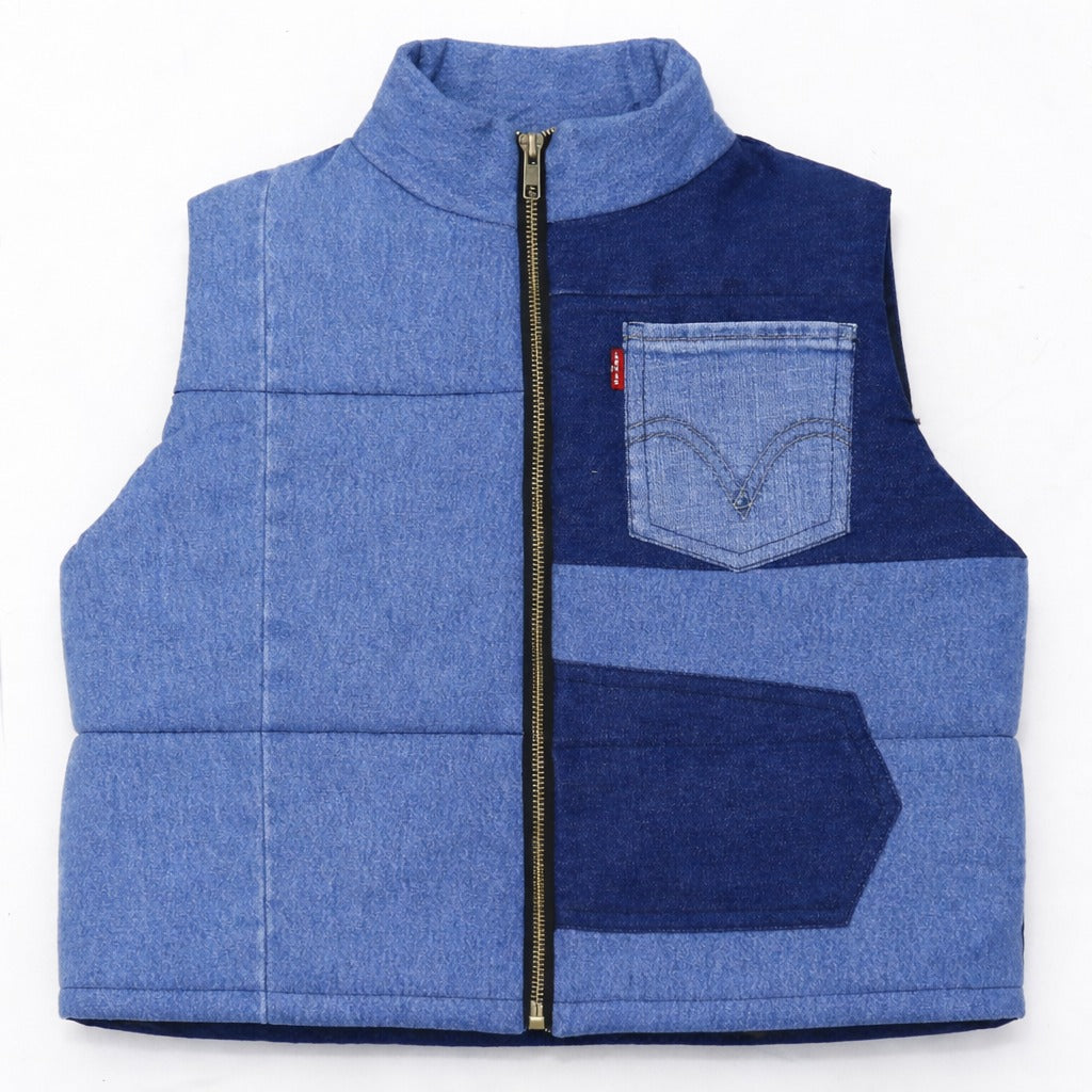 CR1417 Rework Two-Tone Denim Puffer Vest – Cropped Patchwork Style