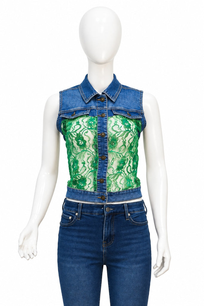 CR2289 UPCYCLED DENIM & LACE CROP VEST