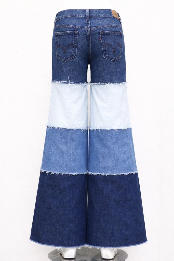 CR1211 Rework Panel Wide Leg Denim Jeans – Multi Tone Patchwork Flare