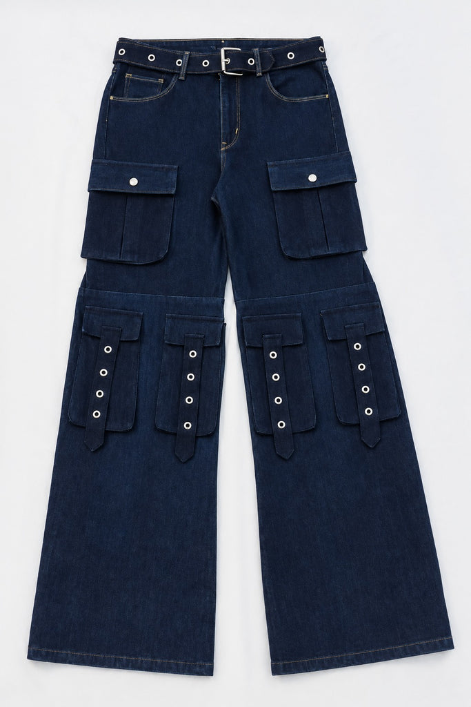 CR2292 UPCYCLED MULTI-POCKET DENIM CARGO PANTS