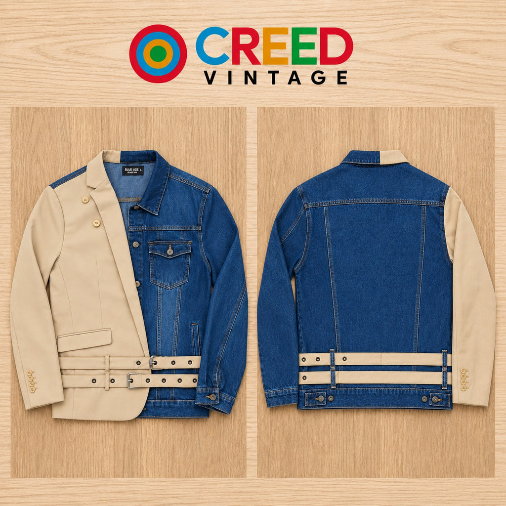 CR2269 UPCYCLED DENIM & SUITING HYBRID BELTED JACKET