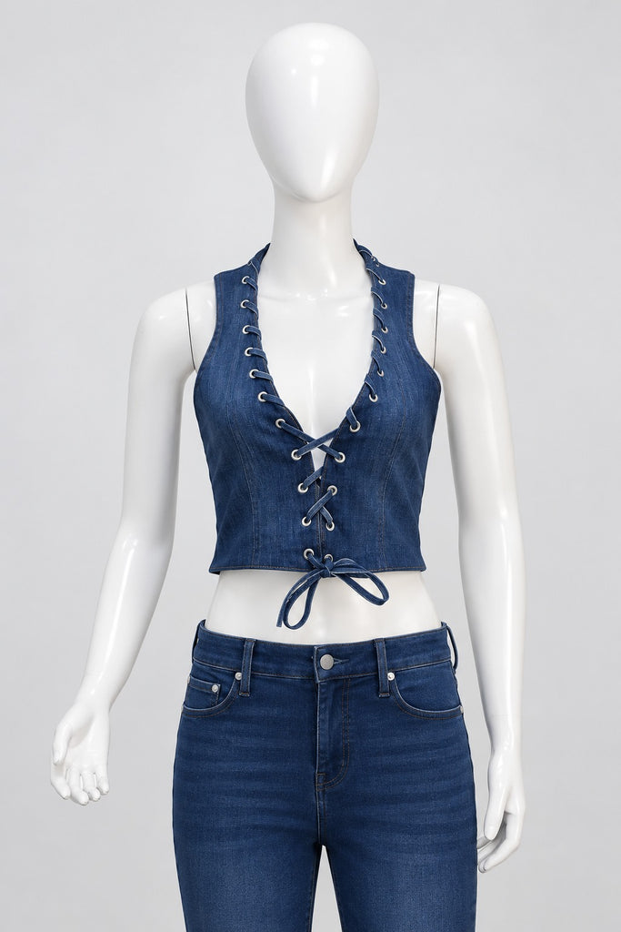 CR2276 UPCYCLED LACE-UP DENIM HALTER CORSET TOP