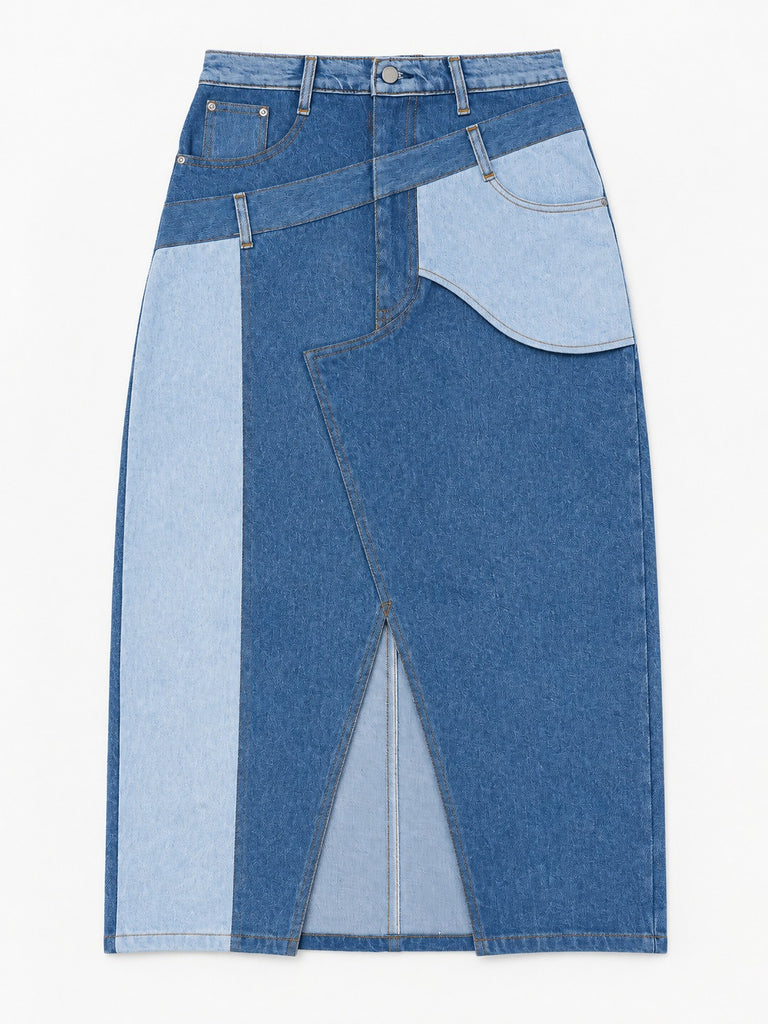 CR2293 UPCYCLED TWO-TONE ASYMMETRIC DENIM MAXI SKIRT