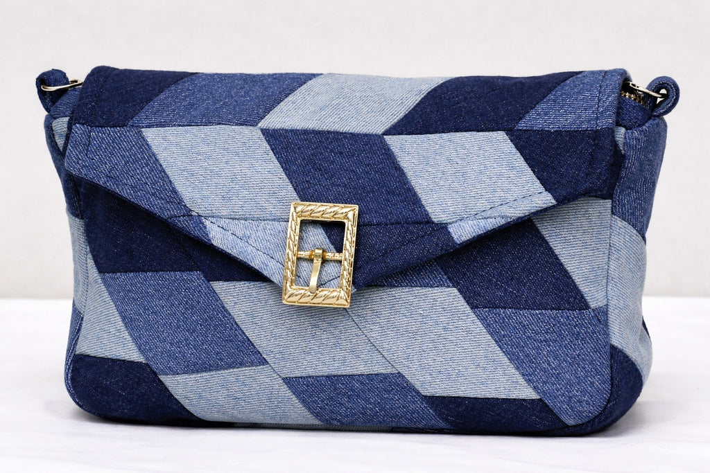CR1431 Rework Denim Patchwork Shoulder Bag – Geometric Blue Chain Bag