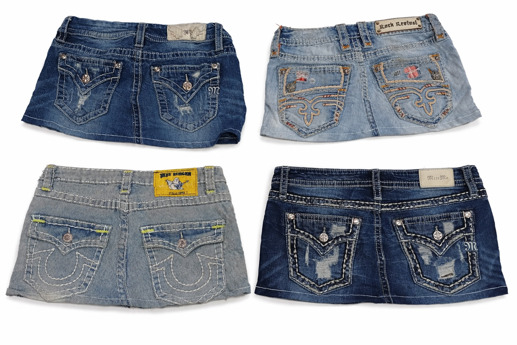 CR7325 Rework Mix Branded Mini Denim Skirts
