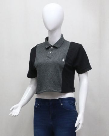 CR1421 Upcycled Polo Contrast Panel Cropped Shirt
