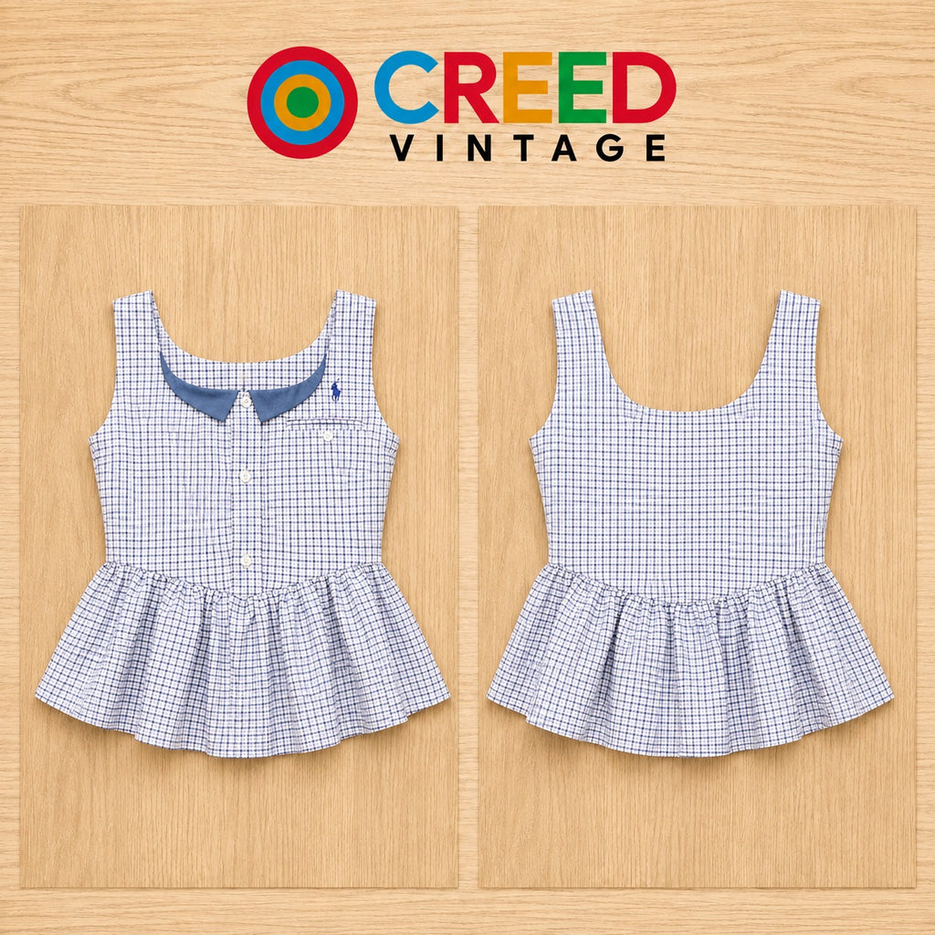 CR2212 UPCYCLED POLO CHECK PEPLUM TOP