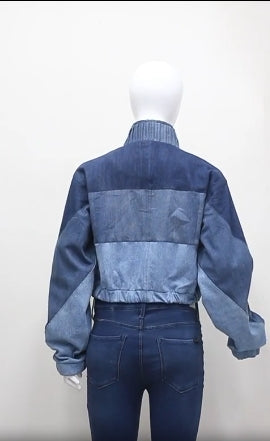 CR1182 Upcycled Denim Three Panel Crop Jacket