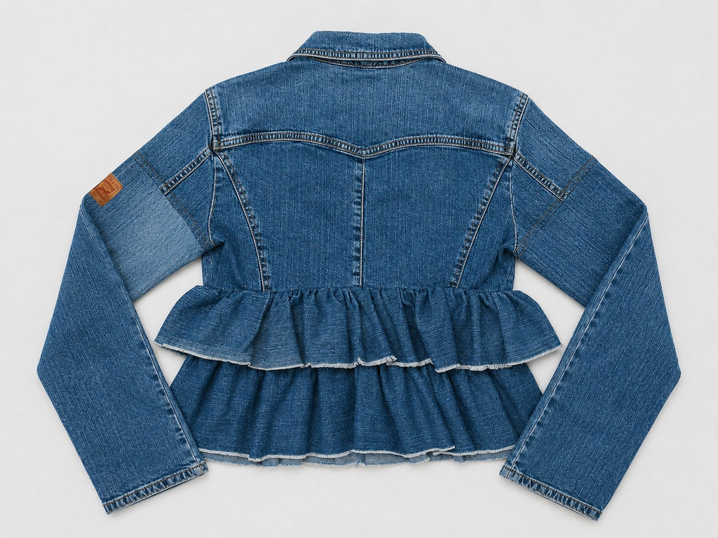 CR2226 UPCYCLED LEVI’S DOUBLE-RUFFLE PEPLUM DENIM JACKET