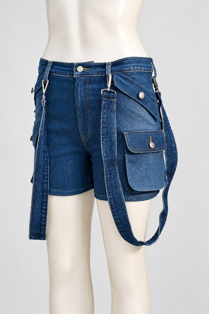 CR2285 UPCYCLED DENIM SUSPENDER CARGO SHORTS