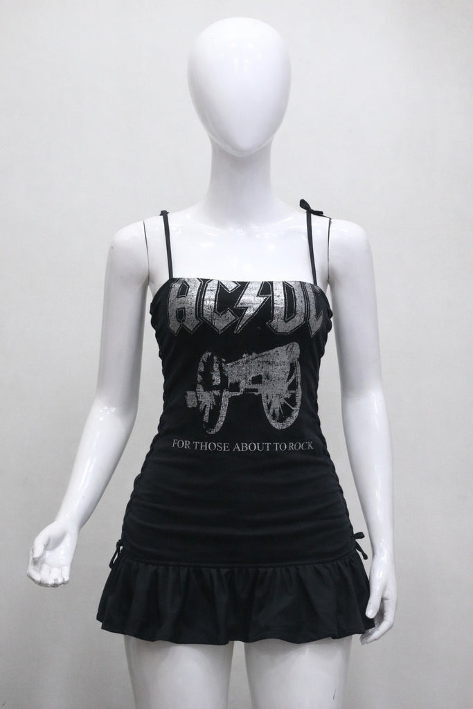 CR1408 Reworked Graphic Ruched Mini Dress with Ruffle Hem