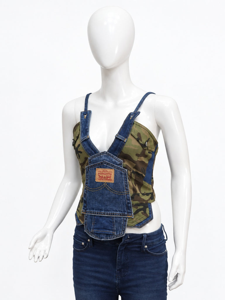 CR2300 UPCYCLED CAMO & DENIM OVERALL CORSET TOP