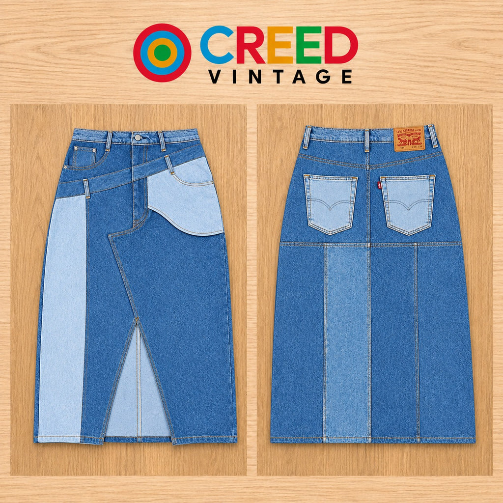 CR2293 UPCYCLED TWO-TONE ASYMMETRIC DENIM MAXI SKIRT