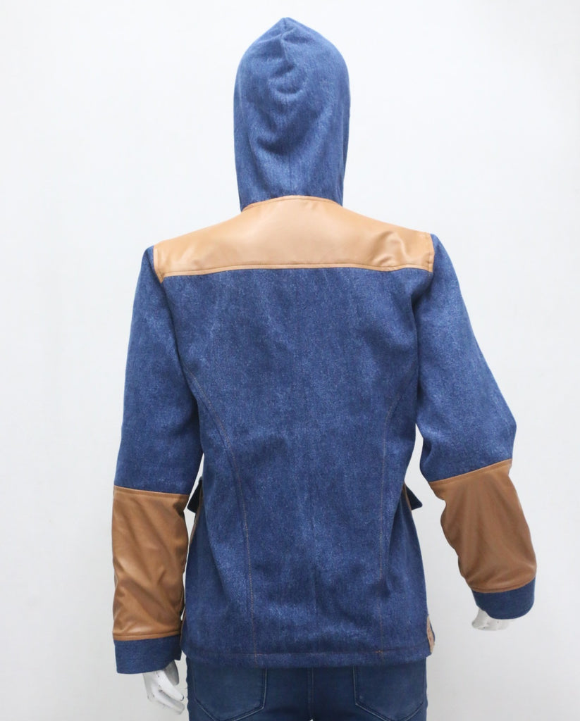 CR2199 UPCYCLED LEVI’S DENIM & FAUX LEATHER HOODED JACKET