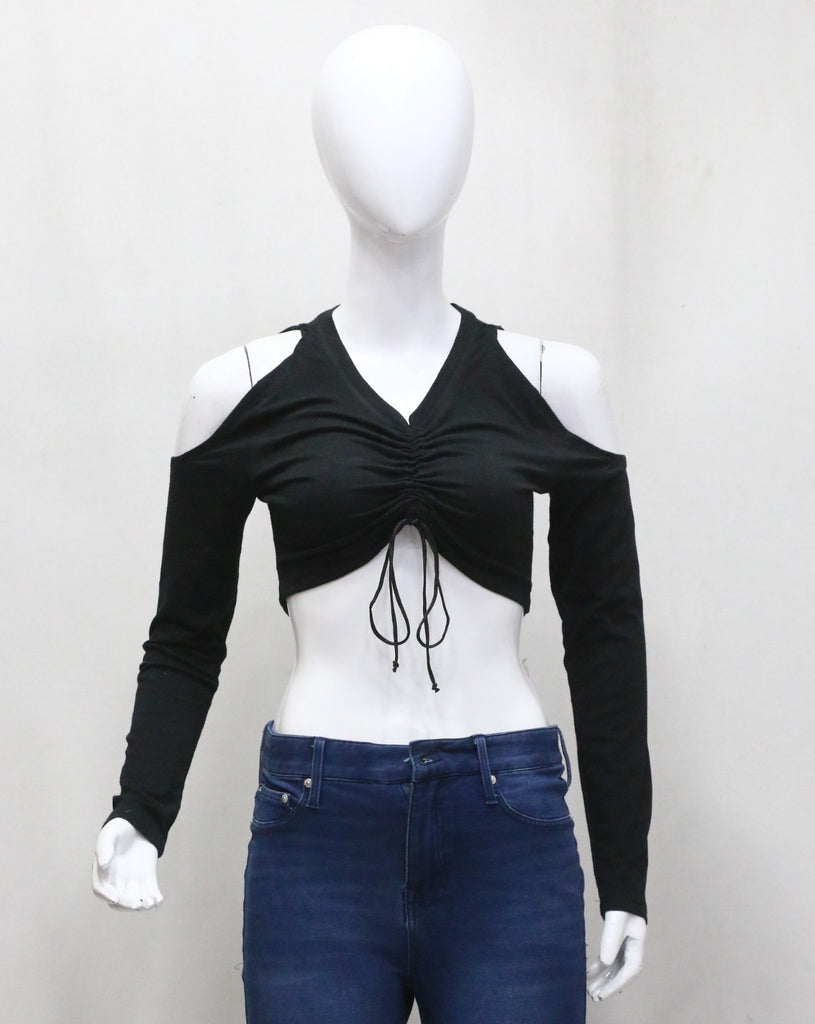 CR23 Ruched Cut-Out Crop Top – Off-Shoulder Tie Front Long Sleeve