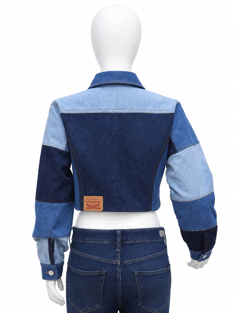 CR2308 UPCYCLED PATCHWORK CROPPED DENIM JACKET