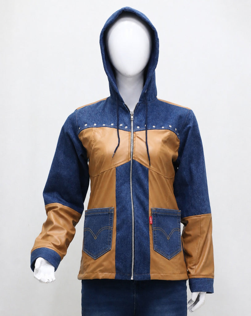 CR2199 UPCYCLED LEVI’S DENIM & FAUX LEATHER HOODED JACKET