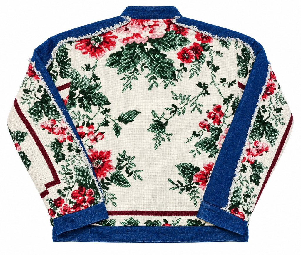 CR2303 UPCYCLED DENIM & FLORAL TAPESTRY ZIP JACKET