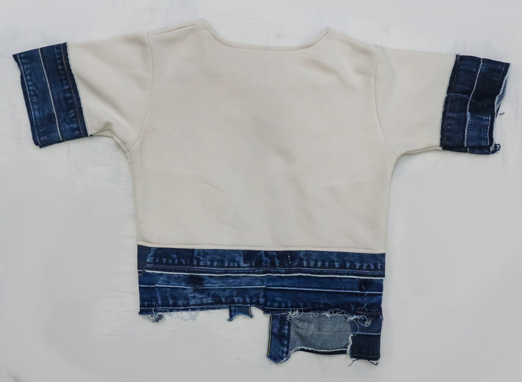 CR2288 UPCYCLED DENIM TIE-FRONT CROP TOP