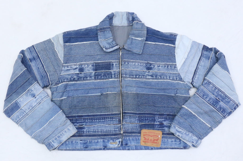 CR1162 Upcycled Denim Stripe Panel Zip Jacket