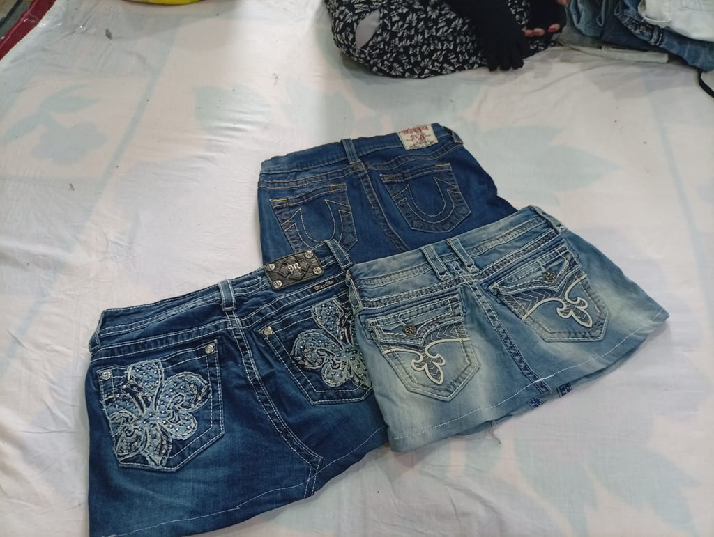 CR11347 Upcycled Mix-Branded Mini Denim Skirts