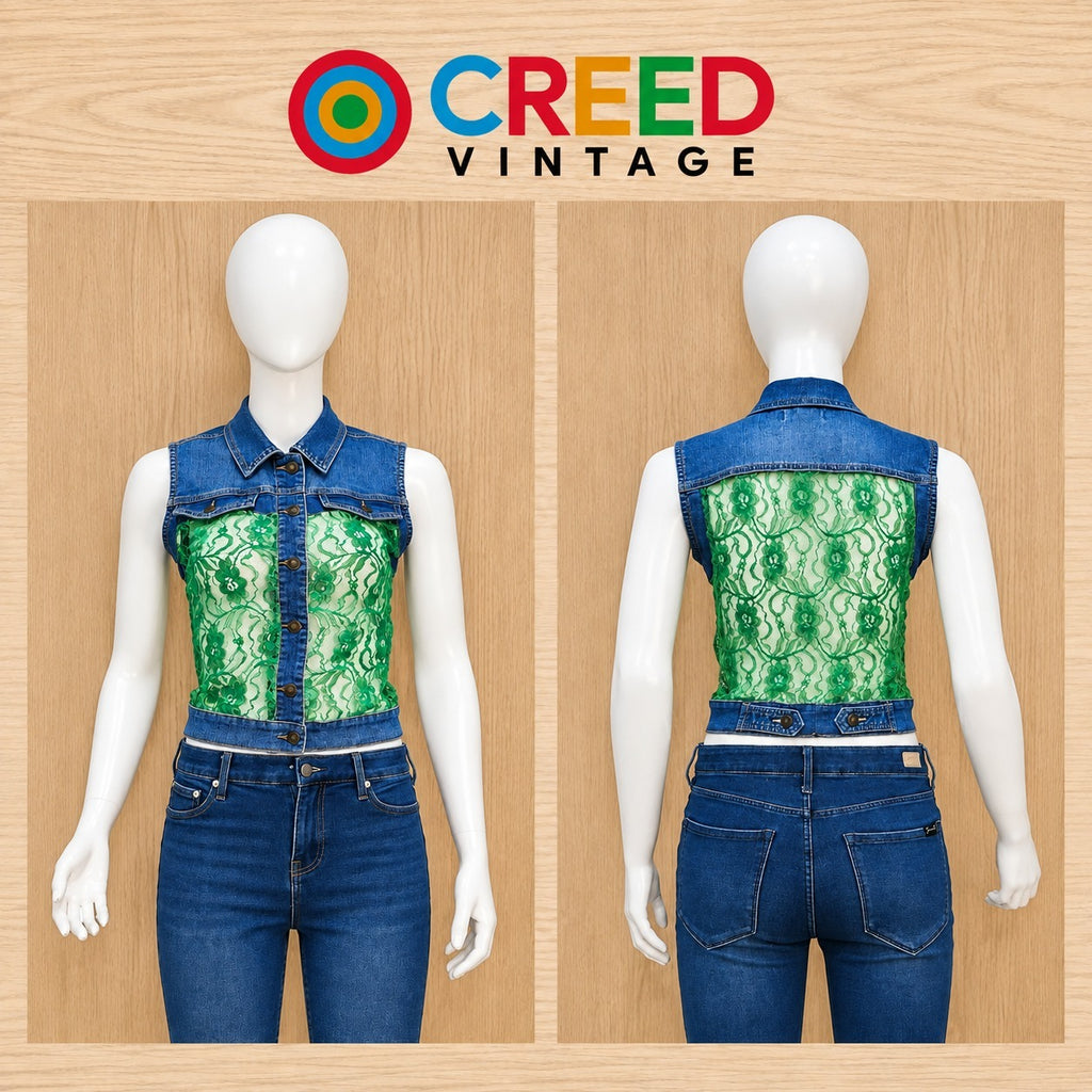 CR2289 UPCYCLED DENIM & LACE CROP VEST