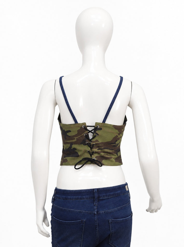 CR2300 UPCYCLED CAMO & DENIM OVERALL CORSET TOP