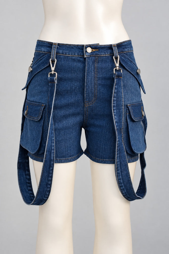 CR2285 UPCYCLED DENIM SUSPENDER CARGO SHORTS