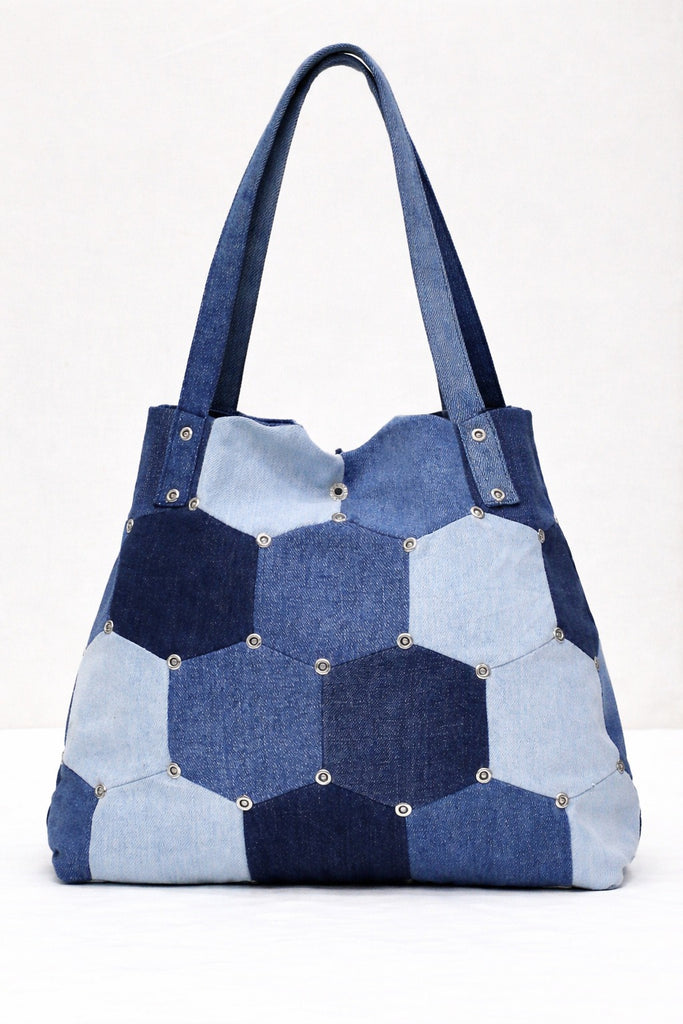 CR1420 Patchwork Denim Tote Bag – Hex Panel Rework Carry Bag