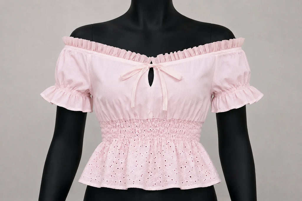 CR1666 UPCYCLED OFF SHOULDER PEPLUM TOP