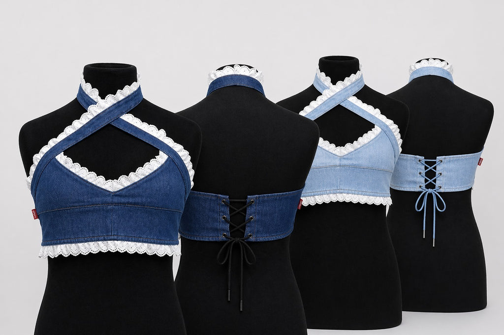 CR1532 Upcycled Denim Lace Halter Top