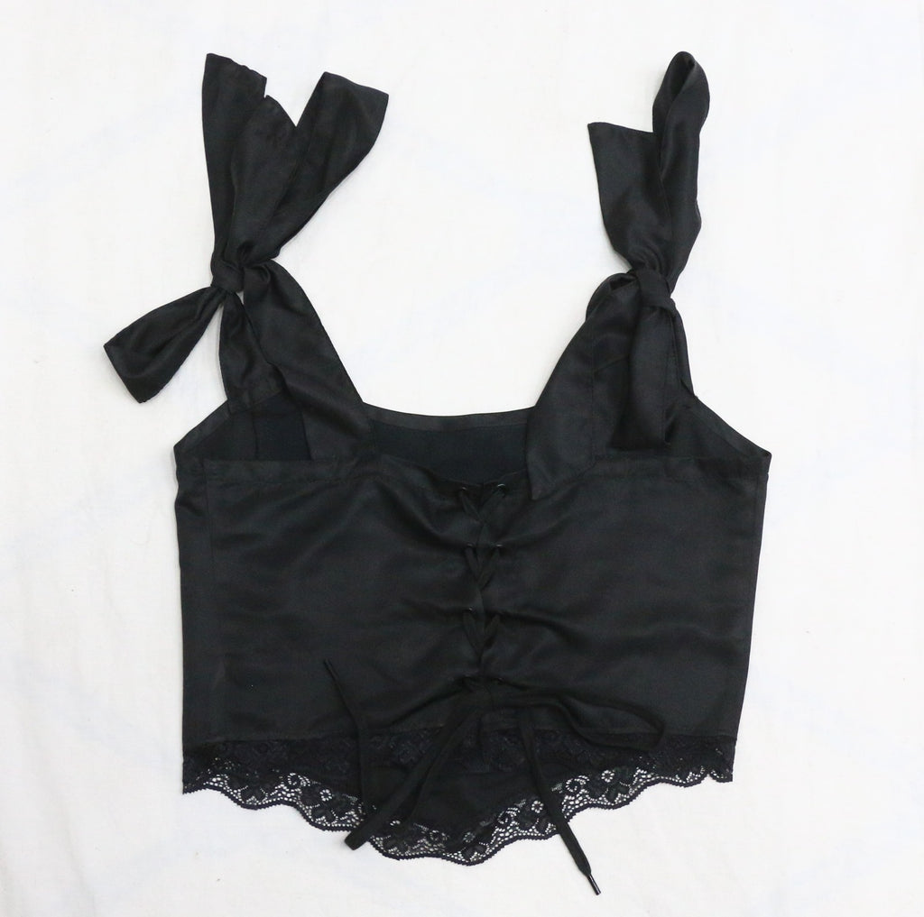 CR1320 Graphic Lace Corset Crop Top – Tie Strap Rework Top