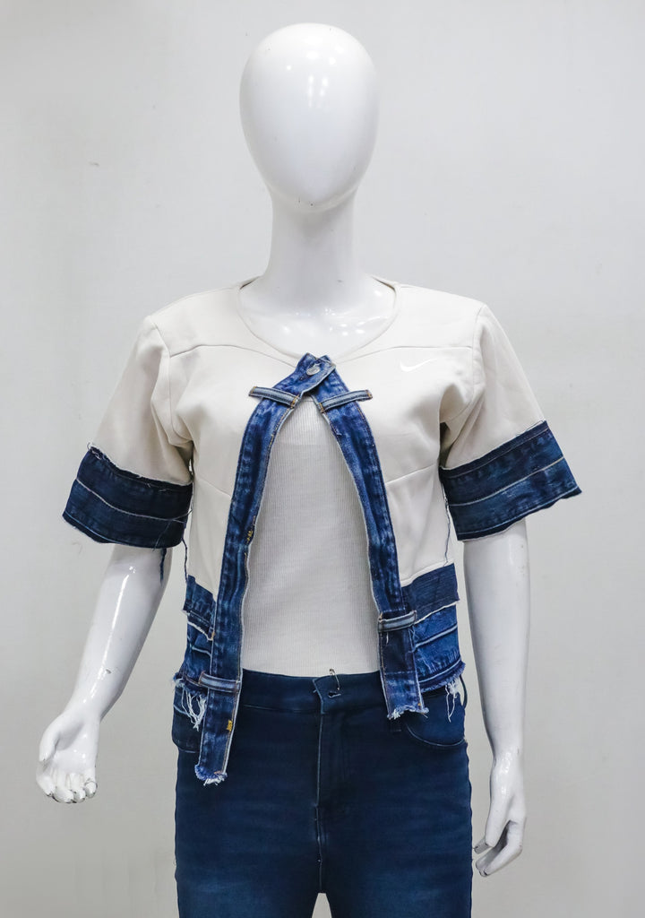 CR2288 UPCYCLED DENIM TIE-FRONT CROP TOP
