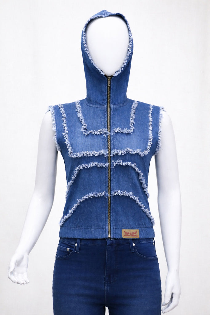 CR1386 Upcycled Raw Edge Denim Hooded Vest