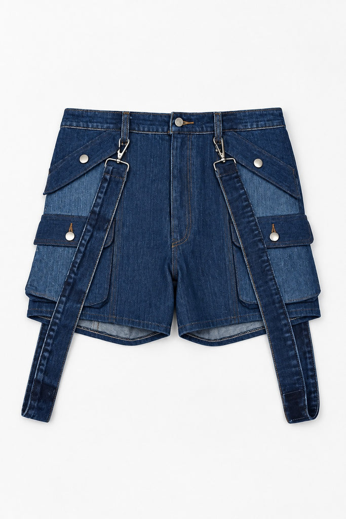 CR2285 UPCYCLED DENIM SUSPENDER CARGO SHORTS