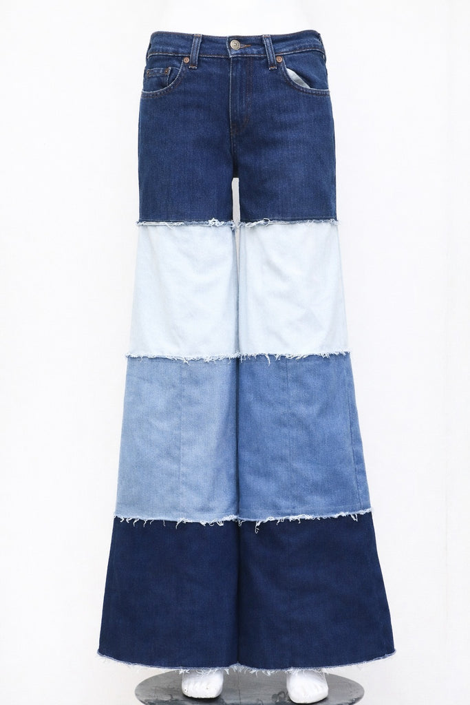 CR1211 Rework Panel Wide Leg Denim Jeans – Multi Tone Patchwork Flare